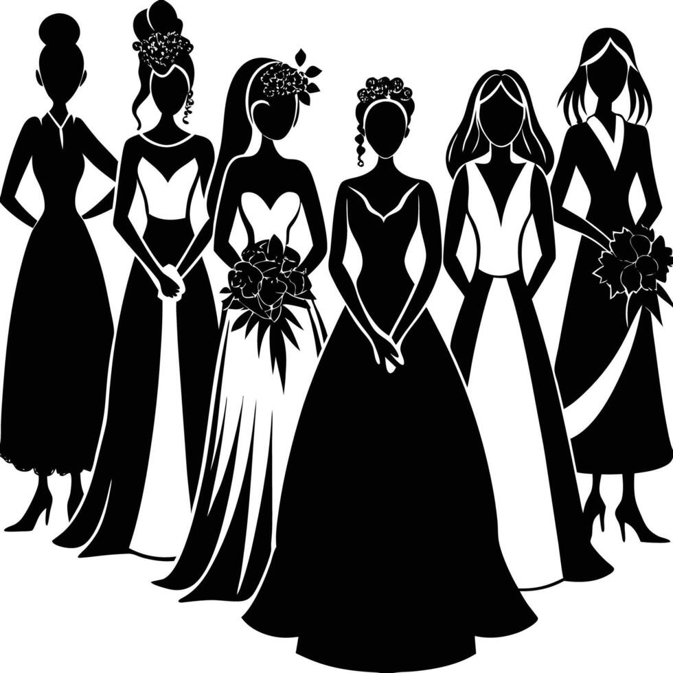 Silhouette of Brides in Flowing Gowns Isolated Illustration vector