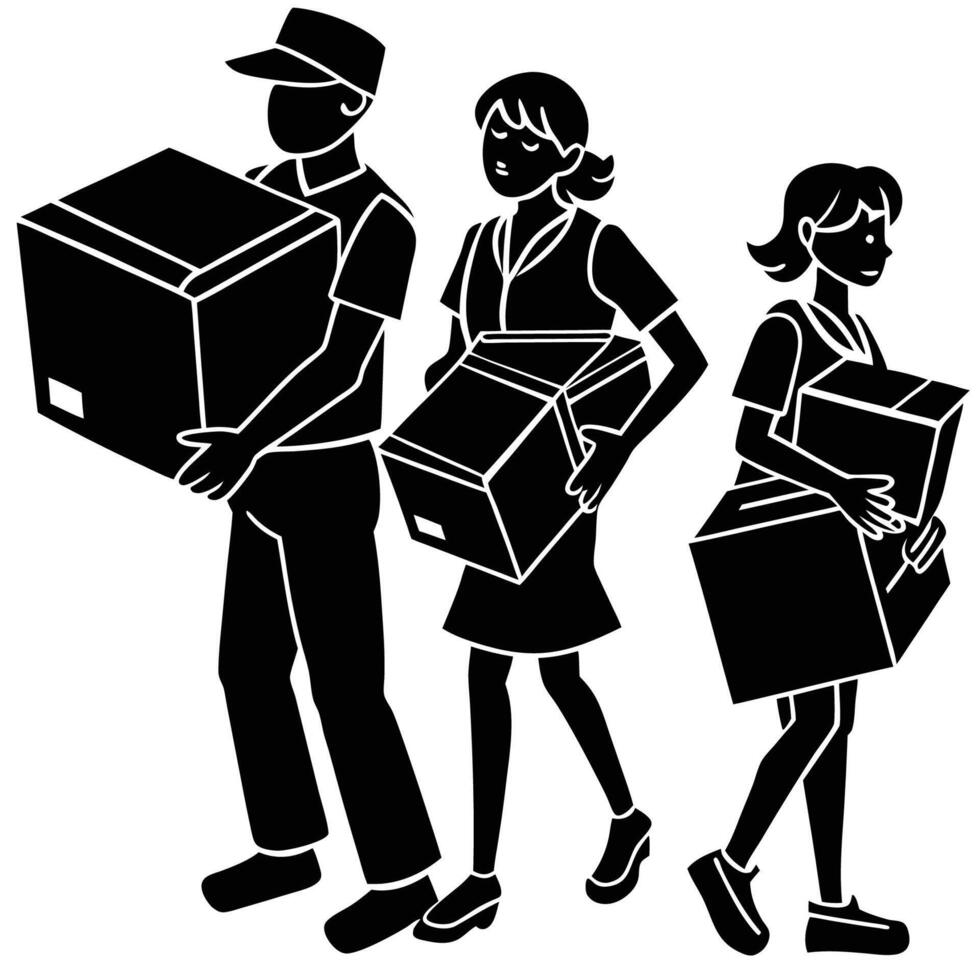 Silhouette of People Carrying Boxes against a White Background vector