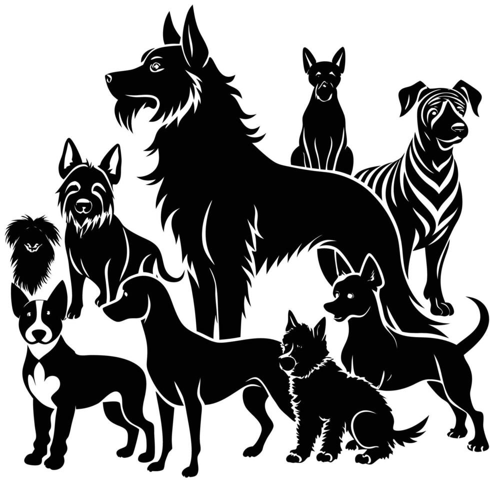 Silhouettes of Various Dog Breeds in Unique Poses vector