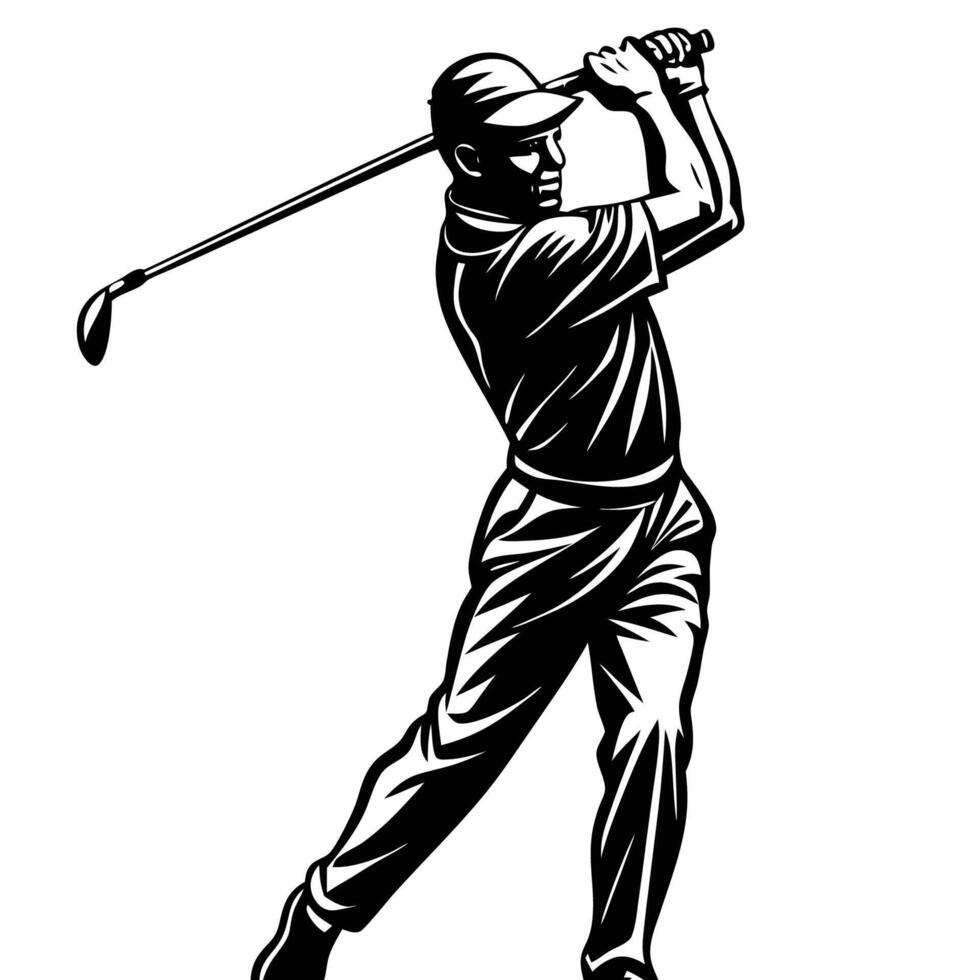 Striking Silhouette of a Male Golfer Against a White Background vector