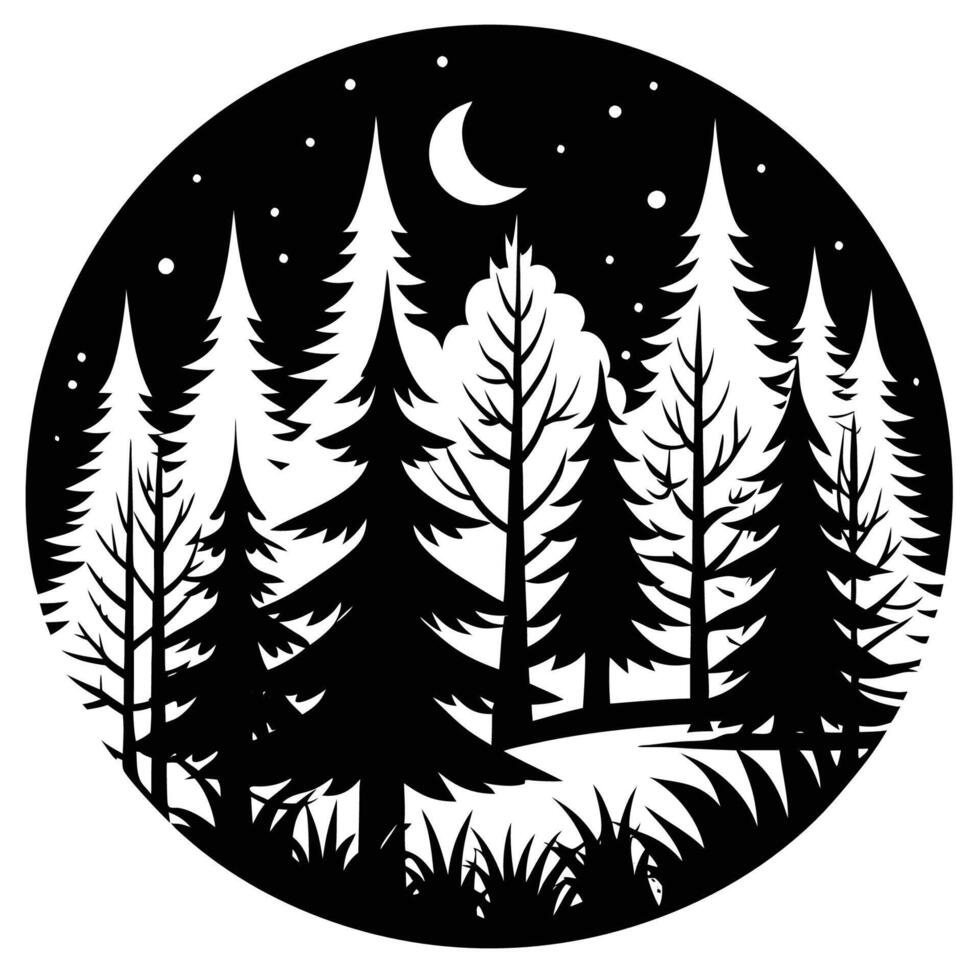 Isolated Forest Silhouette in a Pristine Meadow at Twilight vector