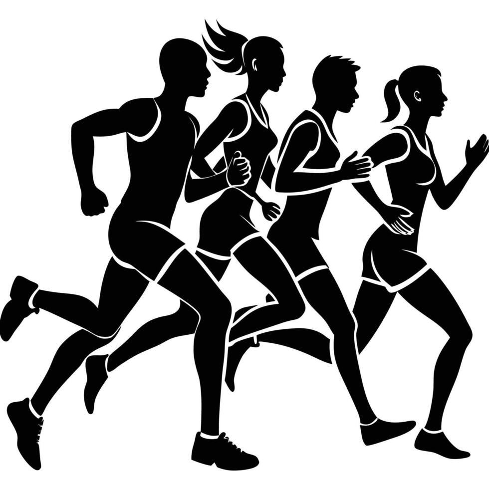 Silhouette of People Running in Motion on a White Background vector