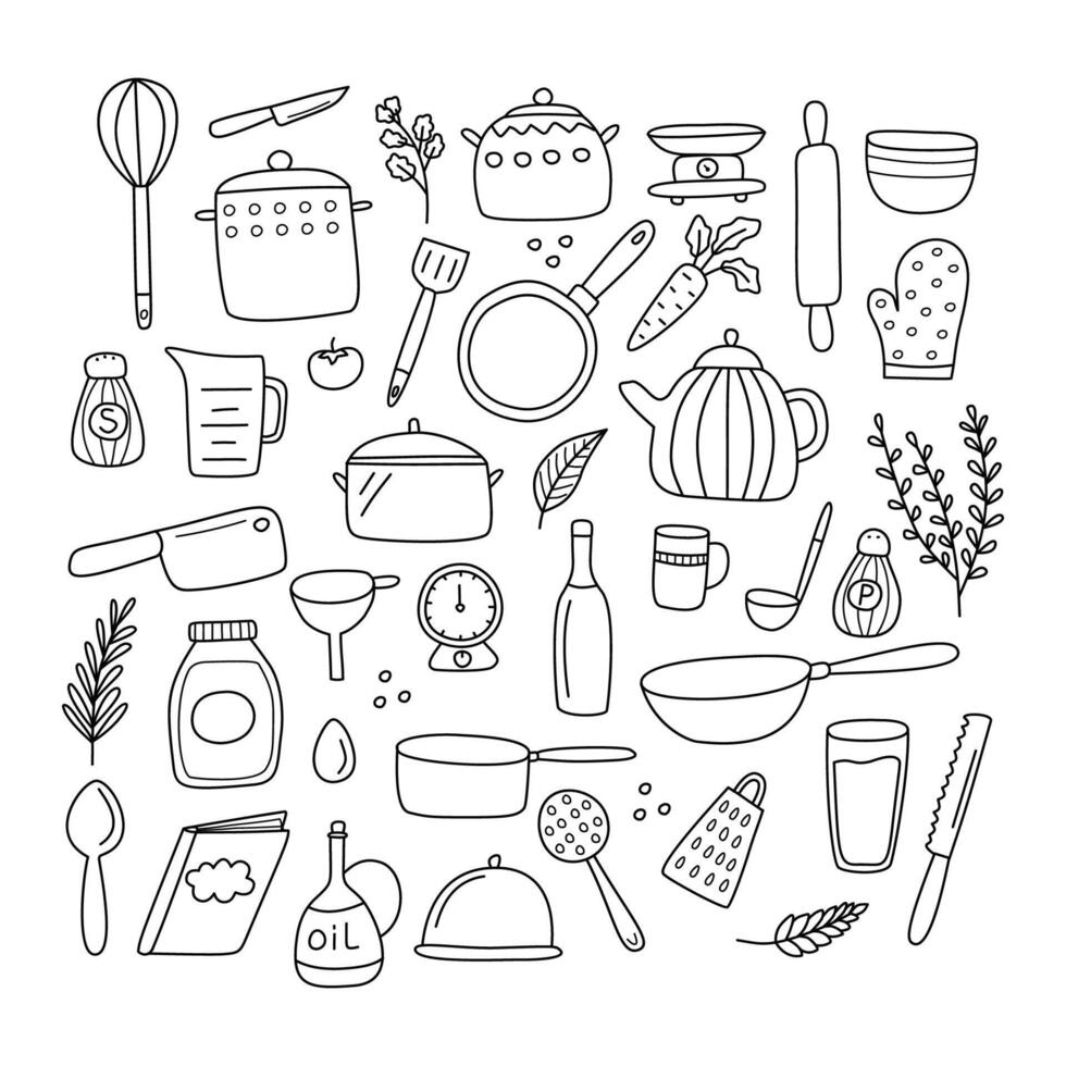 Kitchen utensils set of hand drawn elements vector