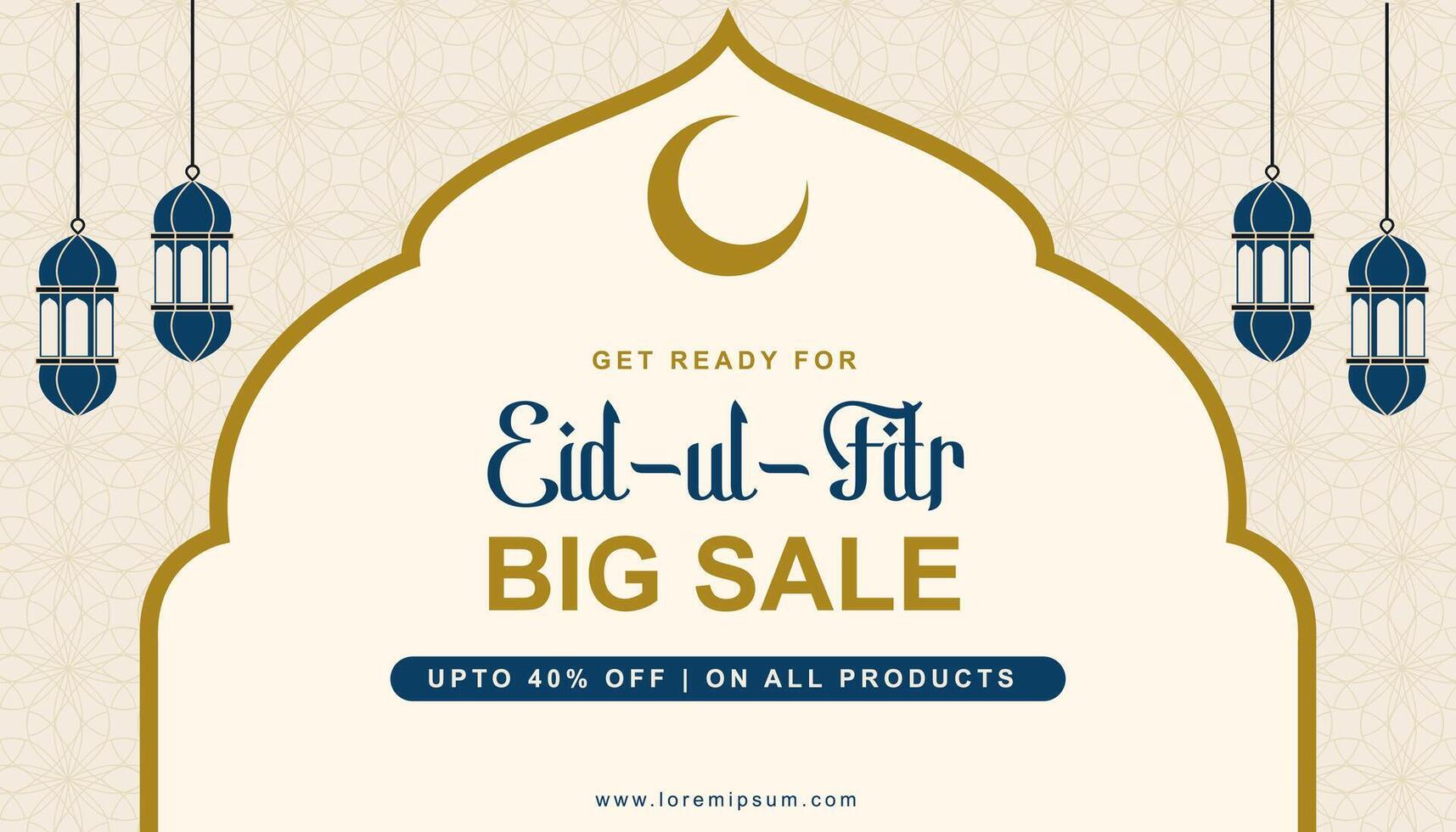 Eid Mubarak Greeting Card, Banner Template promoting festive offers, social media posts, printed cards, email newsletters, or promotional flyers with beautiful crescent moon, lantern and background vector
