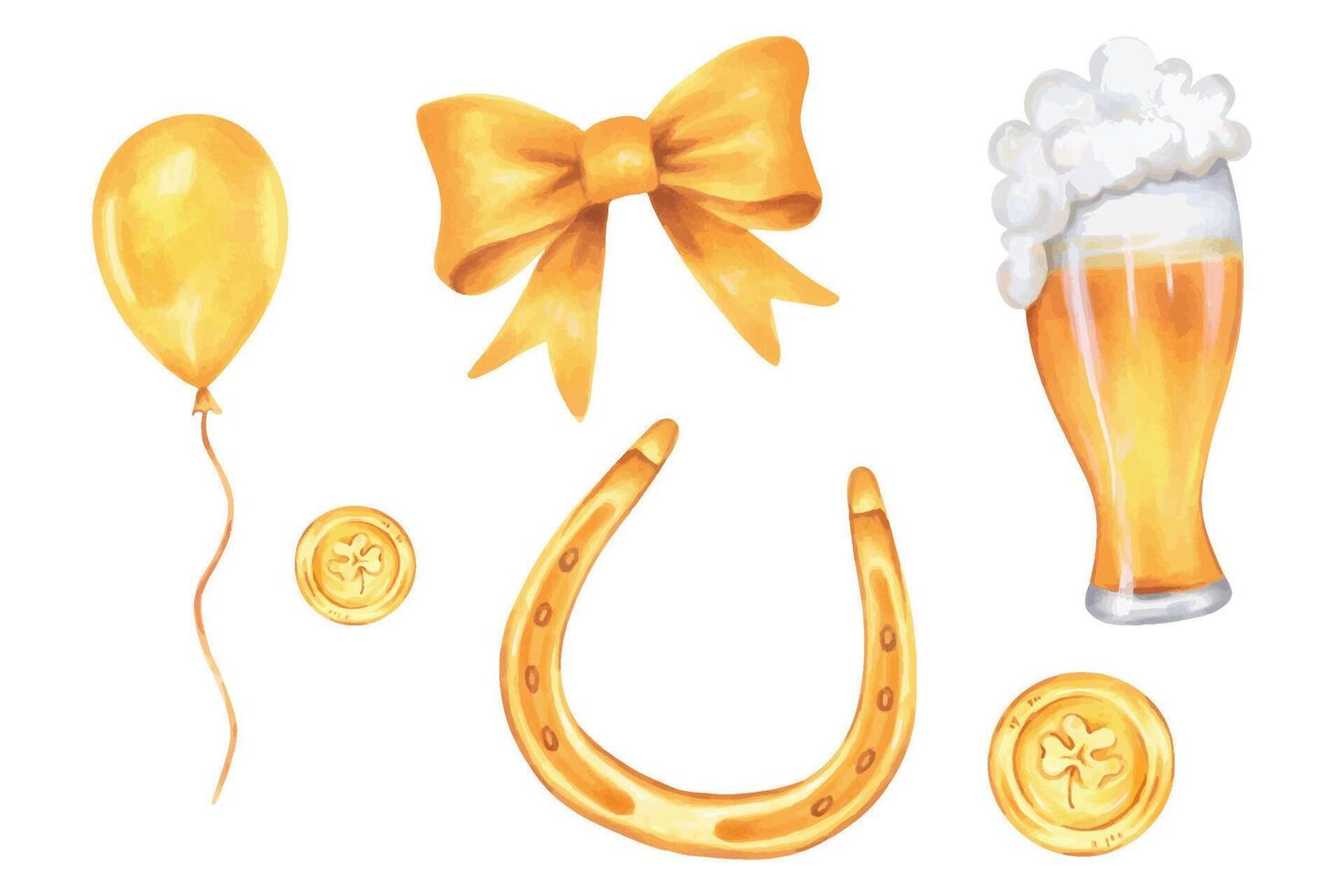 Golden coin with horseshoe and beer for St. Patrick's Day. Different objects in gold color. Watercolor illustration. Hand drawn isolated art. Clipart with metallic texture. Sketch of bow with balloon vector