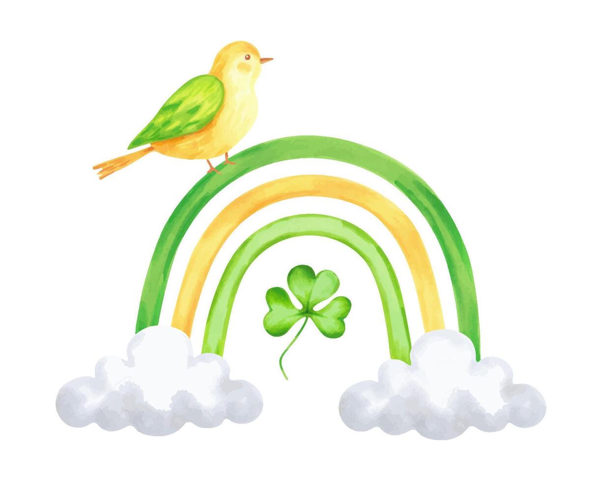 Rainbow with clouds and clover petals with bird for St. Patrick's Day. Watercolor and marker illustration. Hand drawn isolated sketch. Composition with animal for cards, stickers or template vector