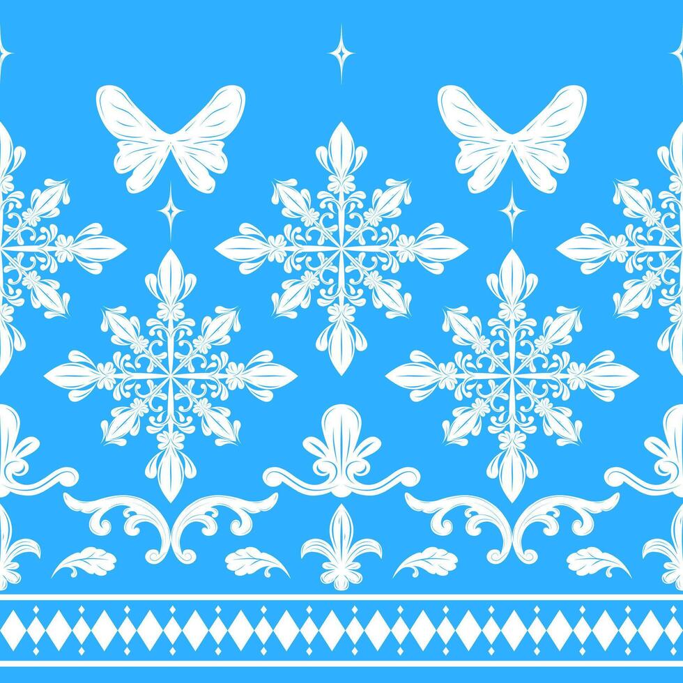 Fairy Tales Twinkle Victorian Design Royal Silk White Silver Ornament Elegance Border Seamless Pattern on Blue Bg. Florals Snowflakes Scroll Embroidery Luxury Detailed Handkerchief Textiles Scarf Lace vector