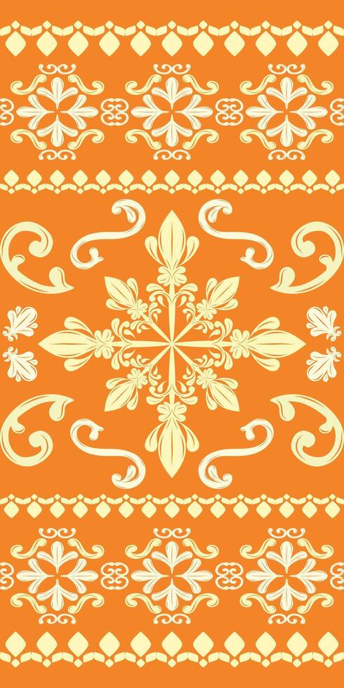 Exquisitely Royal Gold Florals Decorate with Scroll Ornament and Geometric Element Magnificent Detailed Persimmon on Orange Background Design for Silk Weaves Handkerchief Embroidery Holy Lace Apparel vector