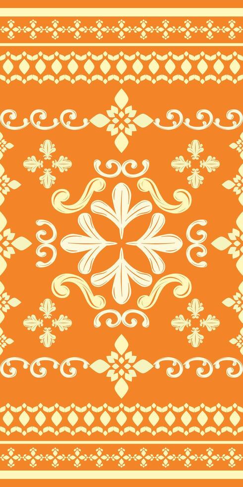 Elegance Persimmon Scroll Elaborate Ornament on Orange Background. Traditional Victorian Florals Motif Style Pattern. Detailed Border Embroidery Silk Handicraft Opulence Rich Lace Fabrics Decoration. vector
