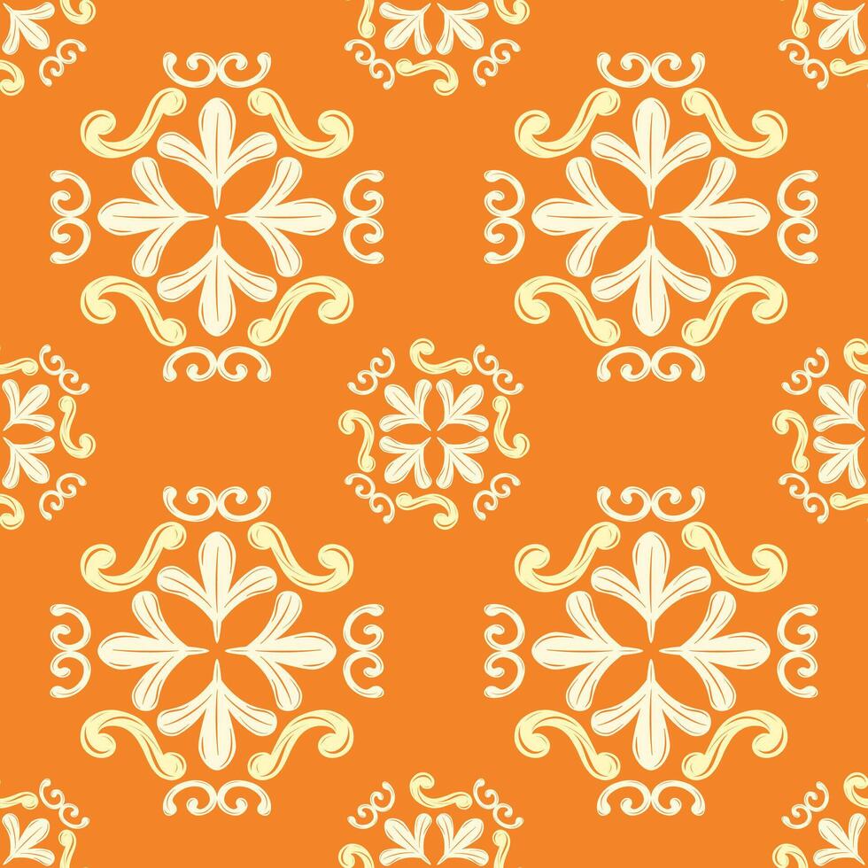 Holy Persimmon Theme Scroll Ornament Royal Victorian Design Elegance Detailed Seamless Pattern in Luxury Style on Orange Background for Wallpaper Decoration Textiles Batik Shirt Apparel Hand drawn. vector