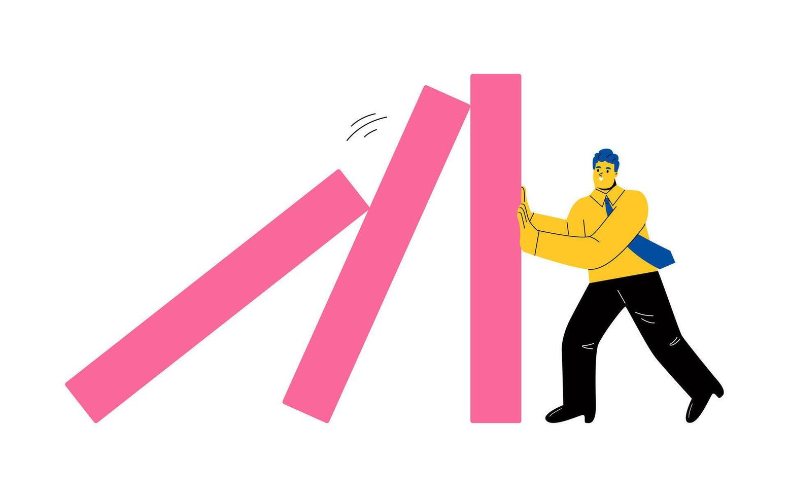 Business man stopping falling domino. Symbol of crisis, risk, management, leadership concept. Flat illustration isolated on white background vector