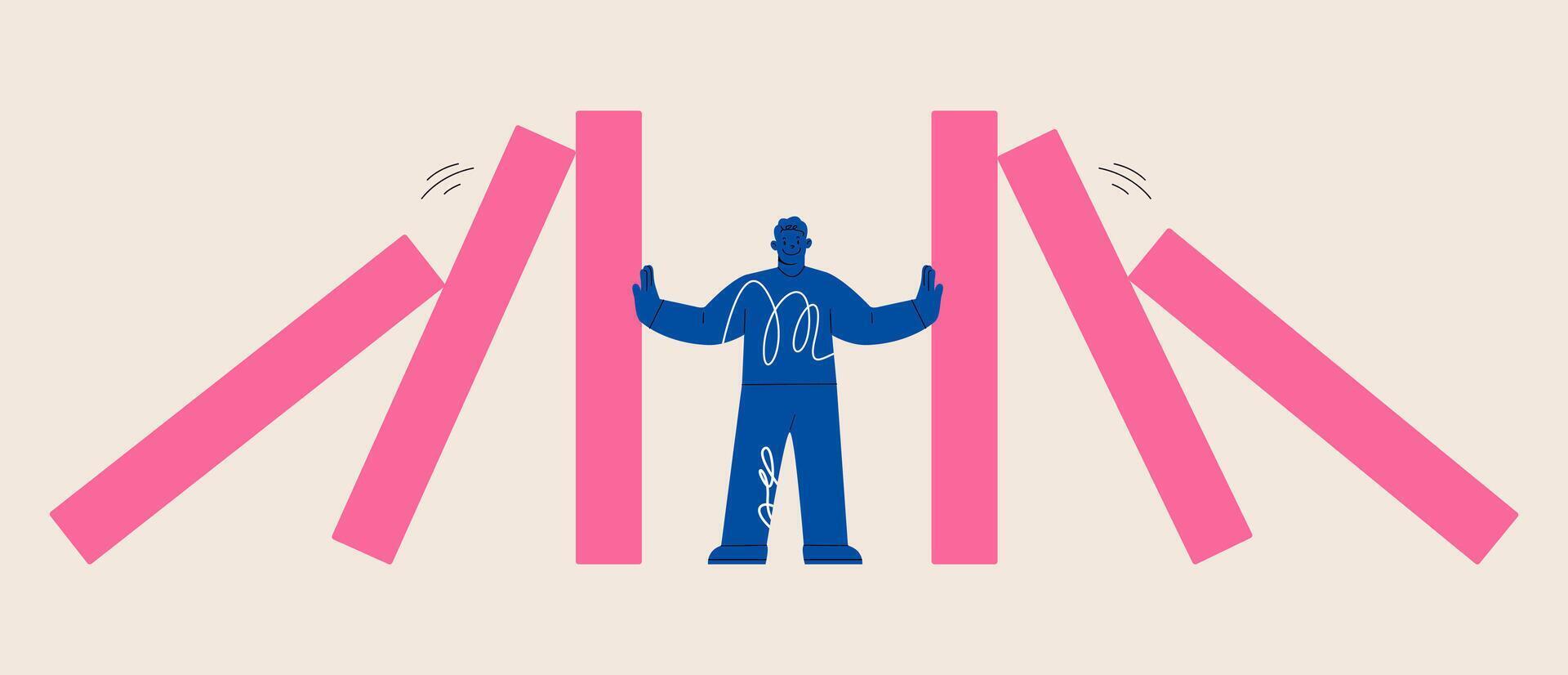 Man stopping falling domino. Symbol of crisis, risk, management, leadership concept. Colorful illustration vector