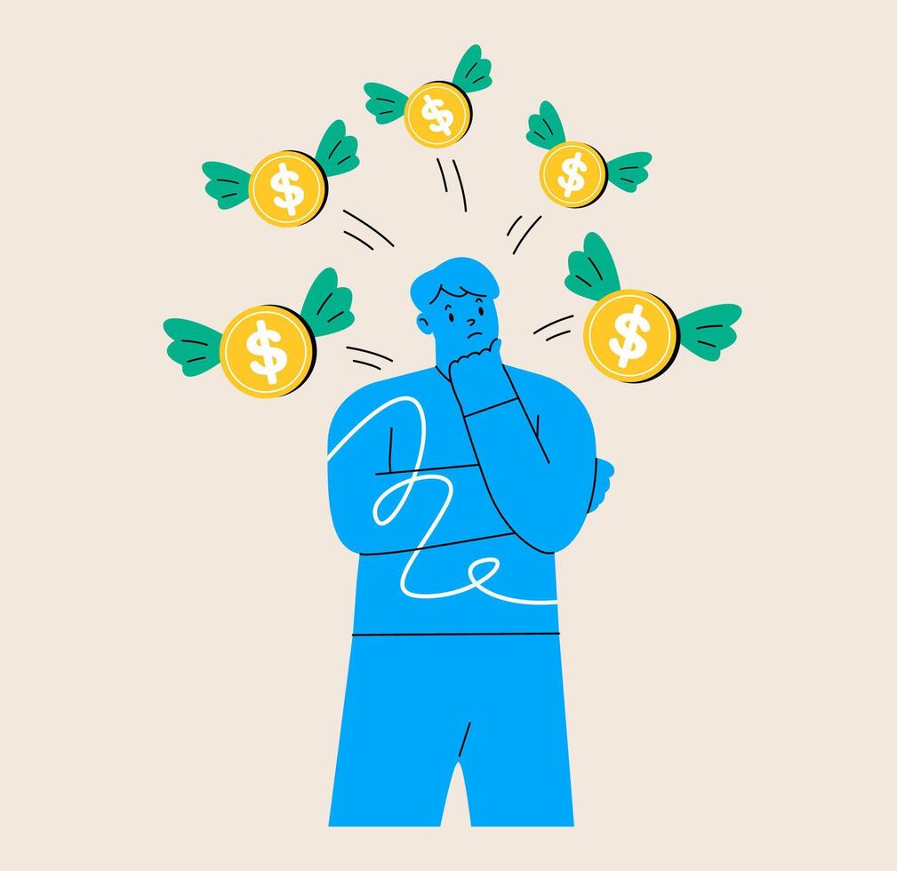 Man has problem with budget. Finance concept. Colorful illustration vector