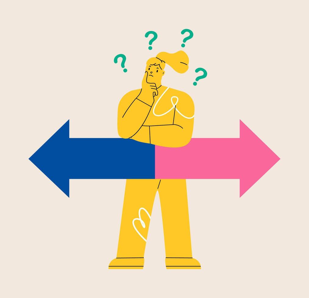 Frustrated female feel confused stand on crossroad deciding which way to take. Colorful illustration vector