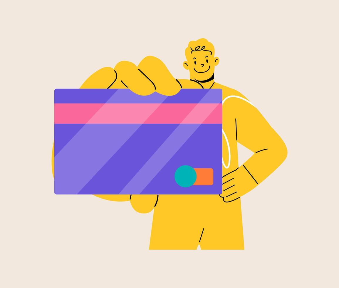 Man hold plastic credit or debit card. Colorful illustration vector