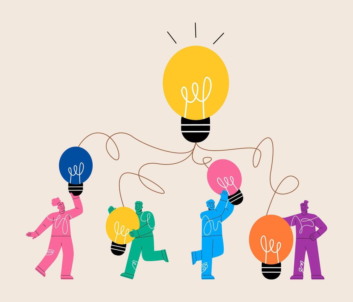 The light bulb teamwork brainstorming symbol. Successful implementation of new ideas. Colorful illustration vector