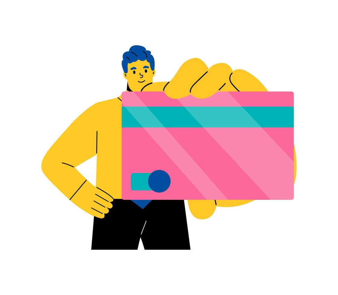 Business man hold plastic credit or debit card. Flat illustration isolated on white background vector