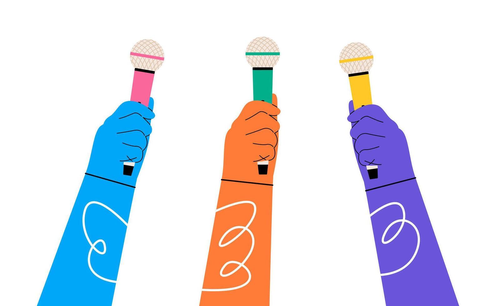 Diverse people hands holding microphones. Colorful illustration vector