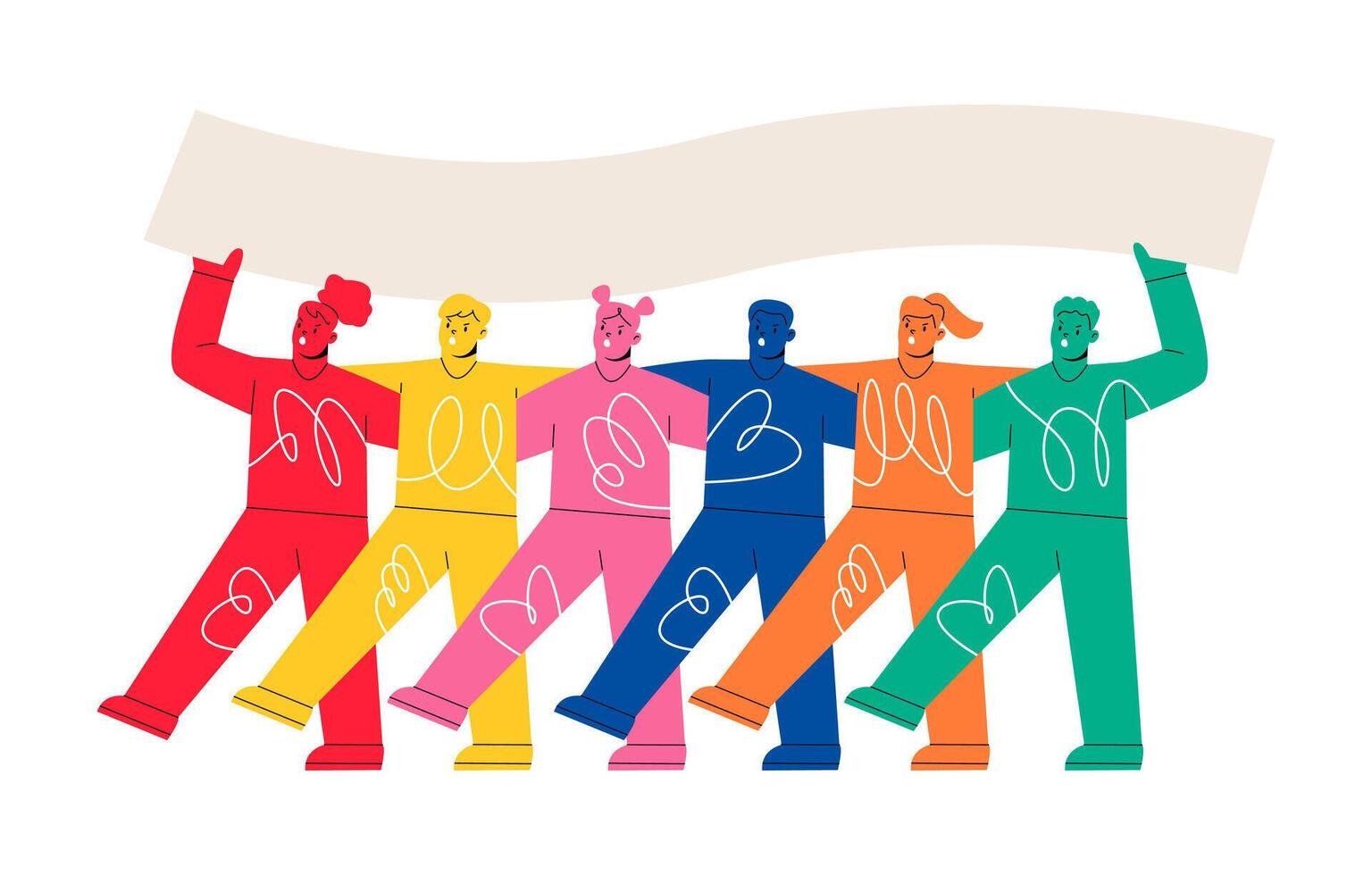 Protesters standing together with blank sign board. Group of men and women at protest. Colorful illustration vector
