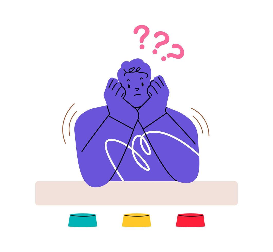 Man choose button to press feel confused and anxious. Dilemma and alternative. Colorful illustration vector