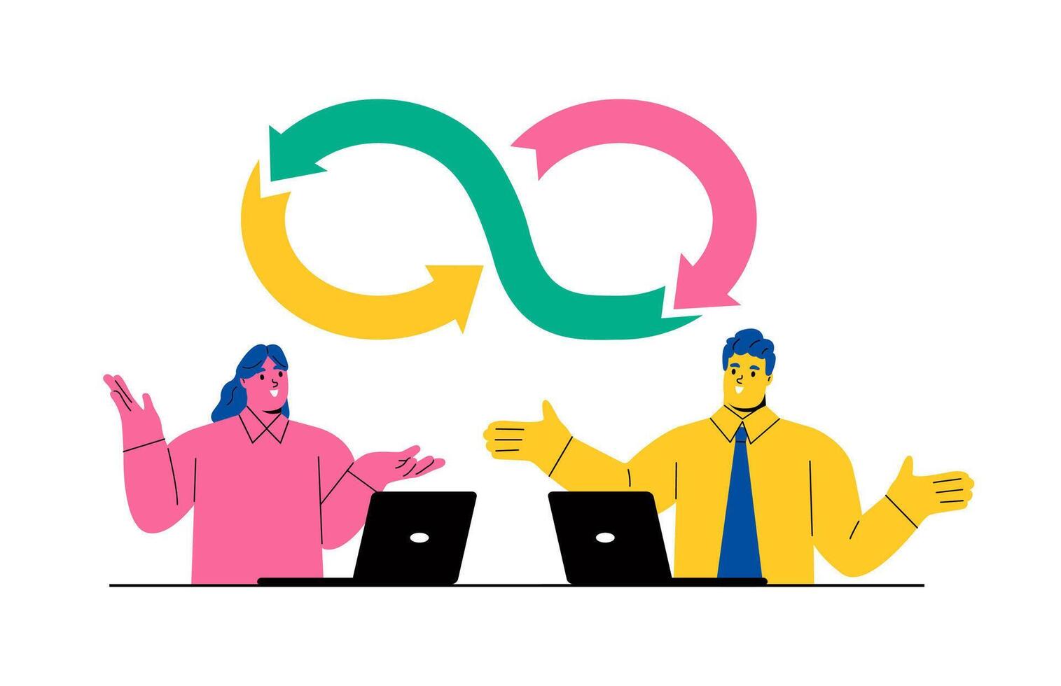 Developer team on a daily meeting. Devops software development methodology concept. Flat illustration isolated on white background vector