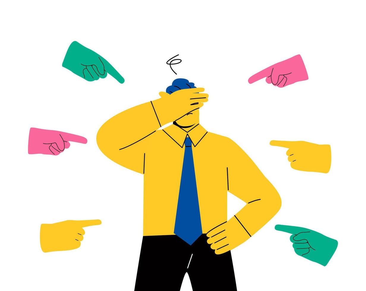 Sad or depressed business man surrounded by hands with index fingers pointing at him. Public censure and victim blaming. Flat illustration isolated on white background vector