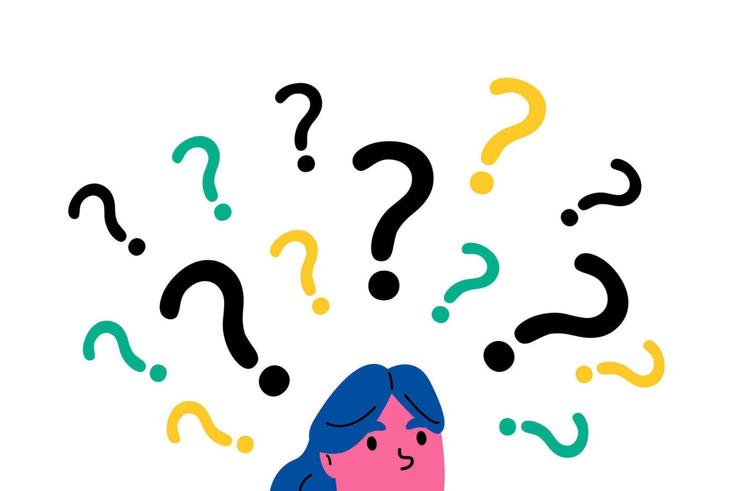 Business woman looking at the question marks. Flat illustration isolated on white background vector