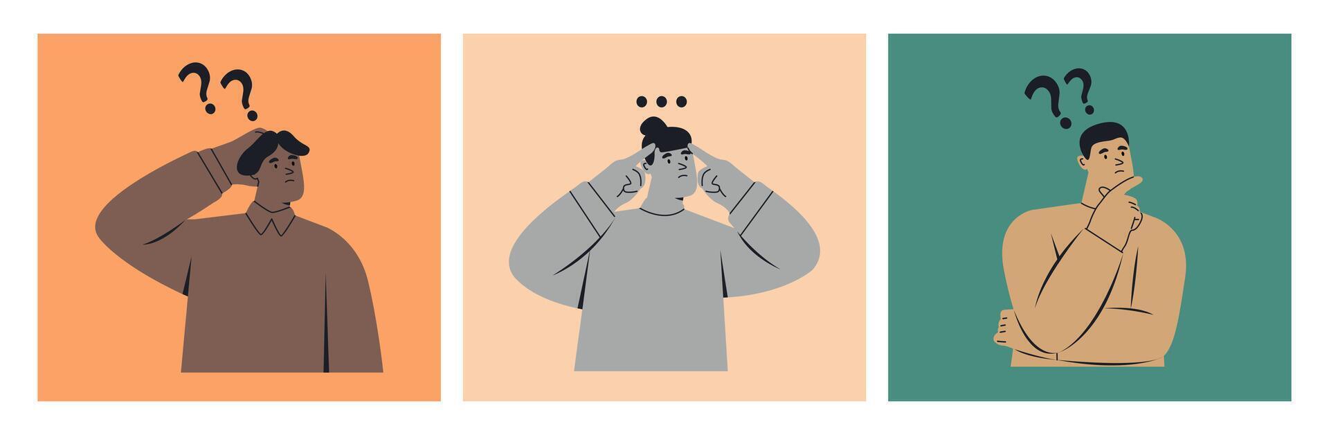 People thinking, doubting set. Men and women in thoughts, pondering, wondering. Uncertain confused persons. Set of three cards. Colorful illustration vector