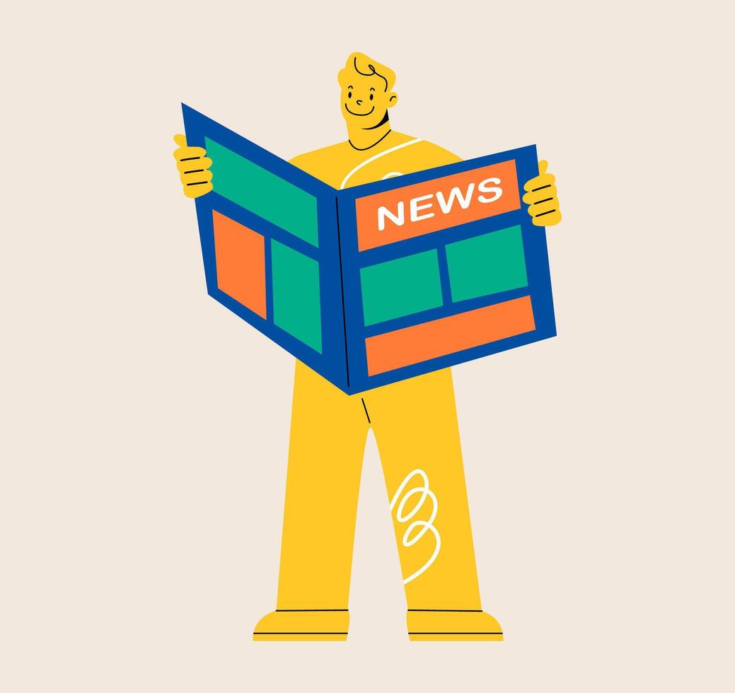 Man gathering news reading newspaper. Colorful illustration vector
