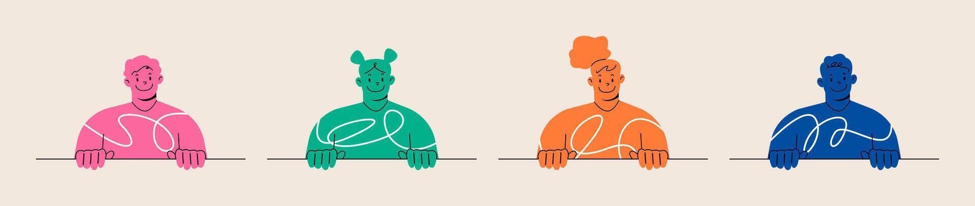 Curious man and woman happily look from behind the wall. Spying curiosity concept. Colorful illustration vector