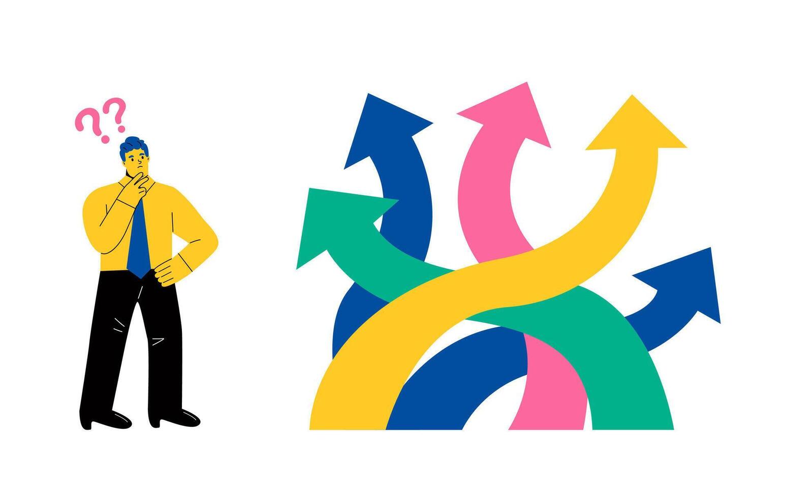Business man standing at crossroads and trying to diced which way to go. Choice, pathway selection dilemma concept. Flat illustration isolated on white background vector