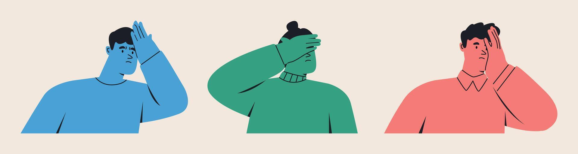 Set of regret or embarrassed people. Human emotion concept. Colorful illustration vector