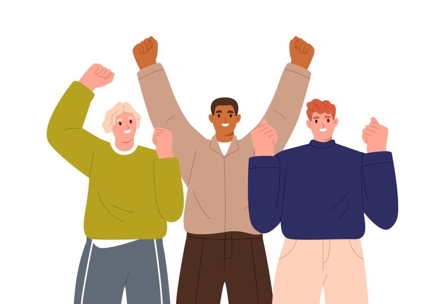 Mens team smiling and raising hands up. Flat illustration isolated on white background vector