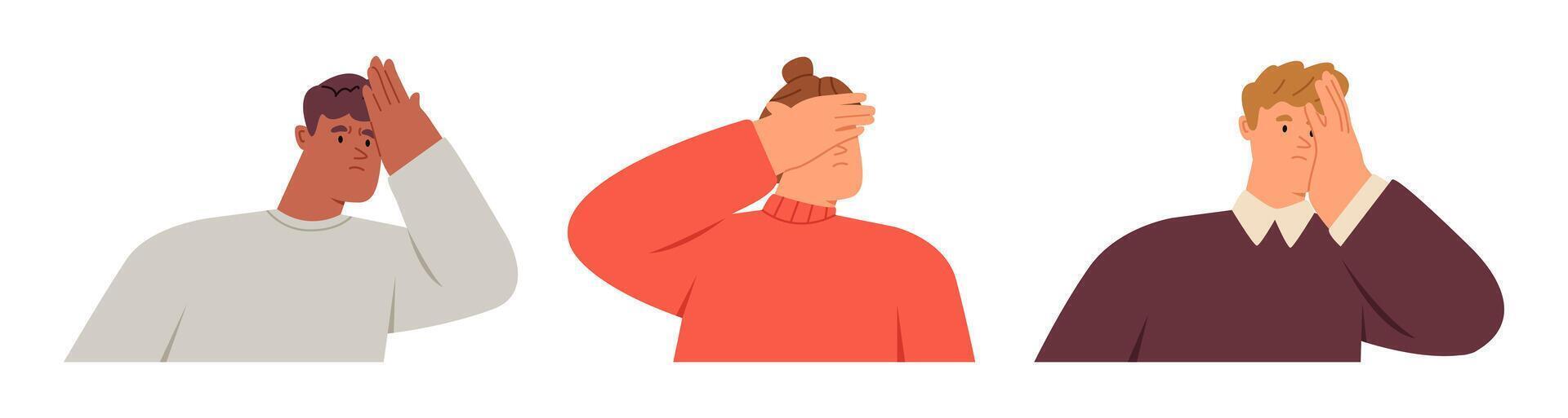 Set of regret or embarrassed people. Human emotion concept. Flat illustration isolated on white background vector