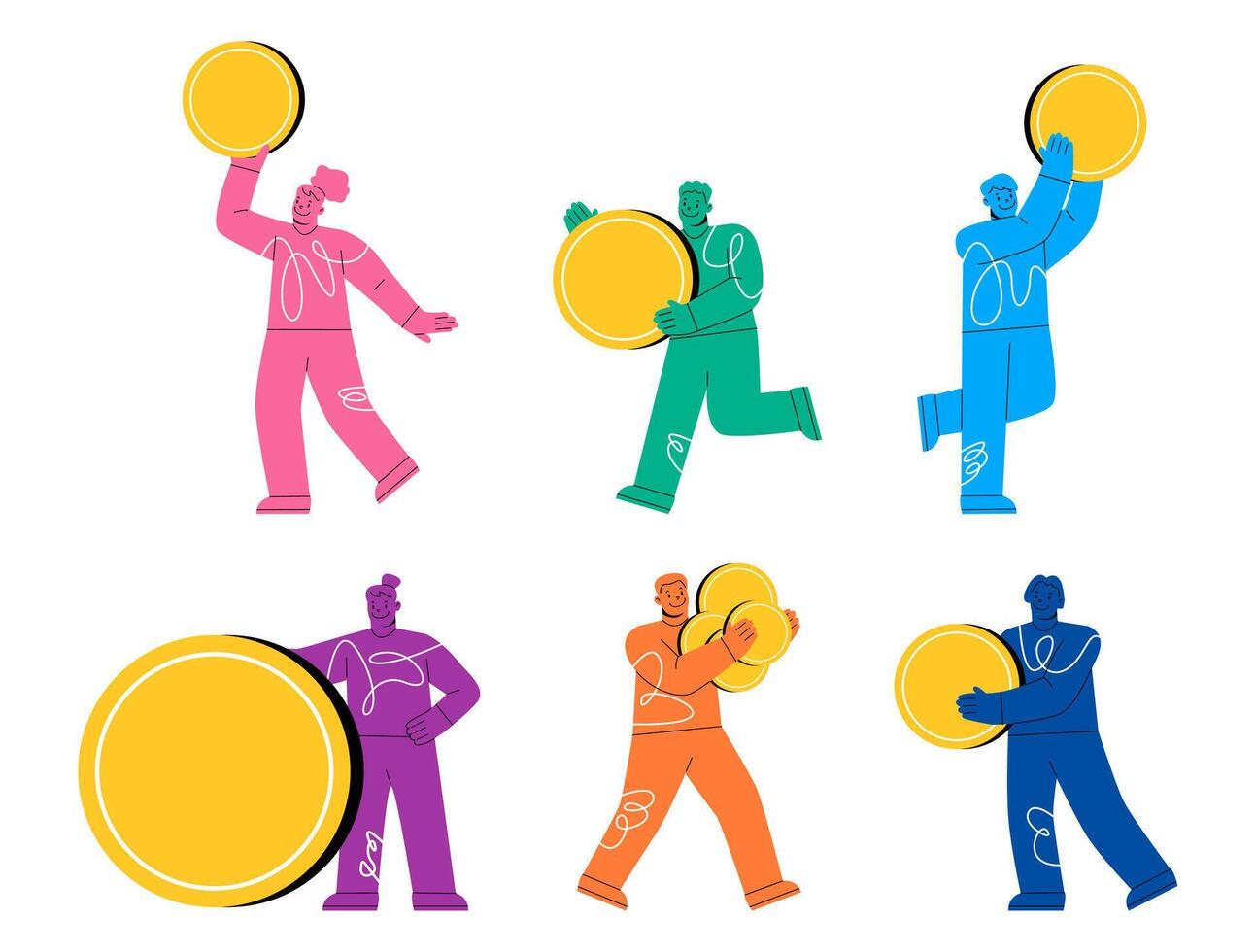 People with money set. Man and woman with coins. Colorful illustration vector