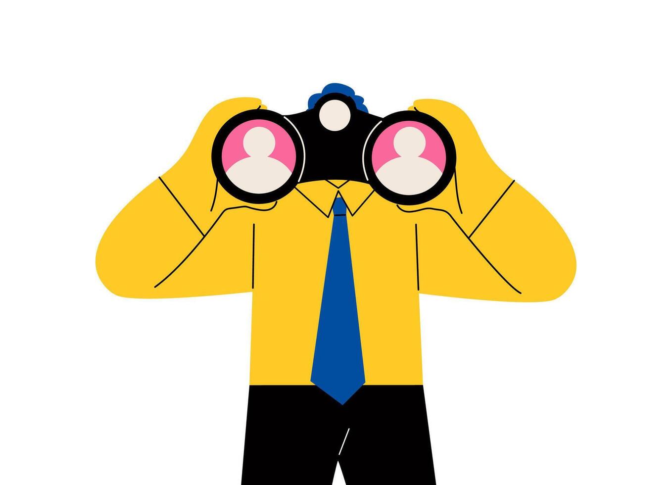 Searching for candidate. Businessman HR look through binoculars to find candidate people. Flat illustration isolated on white background vector