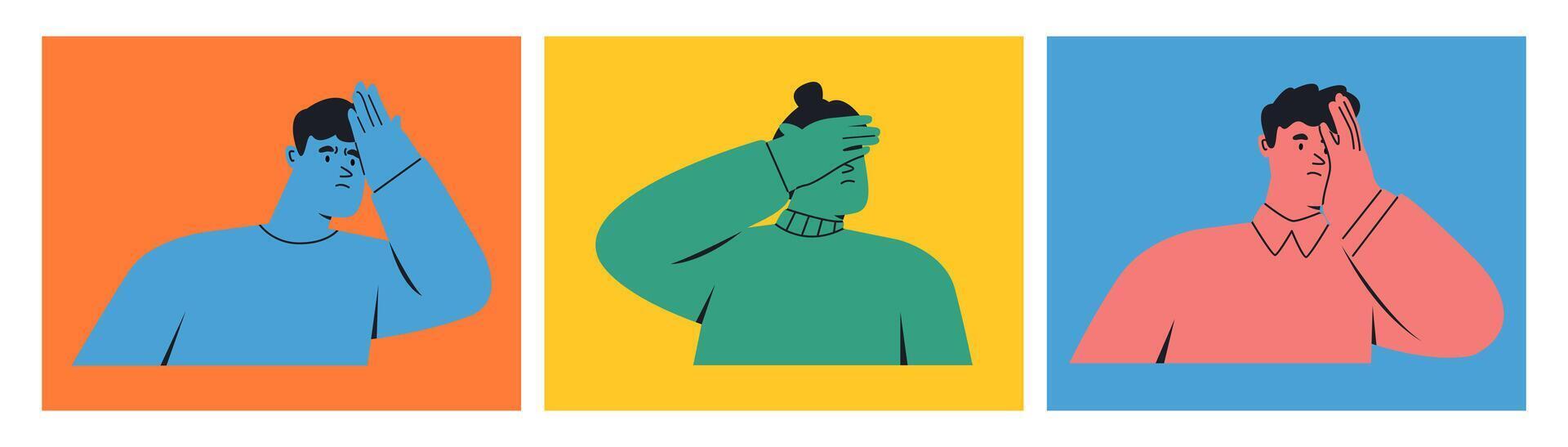 Set of regret or embarrassed people. Human emotion concept. Set of three cards. Colorful illustration vector
