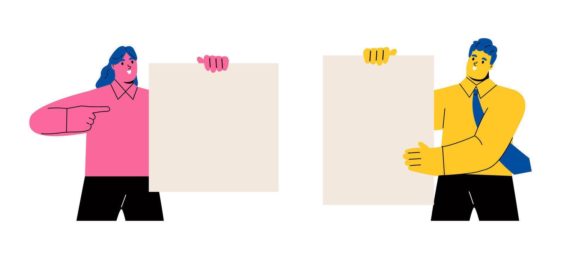 People presenting, Business man, Business woman hold empty banner mockups. Flat illustration isolated on white background vector