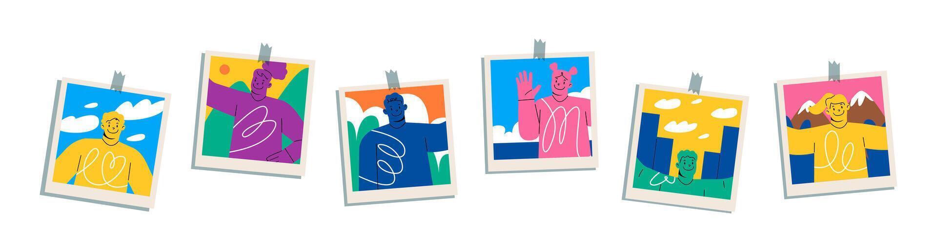 Photos of young people pinned to wall set. Selfie portraits of smiling girl and guy. Colorful illustration vector