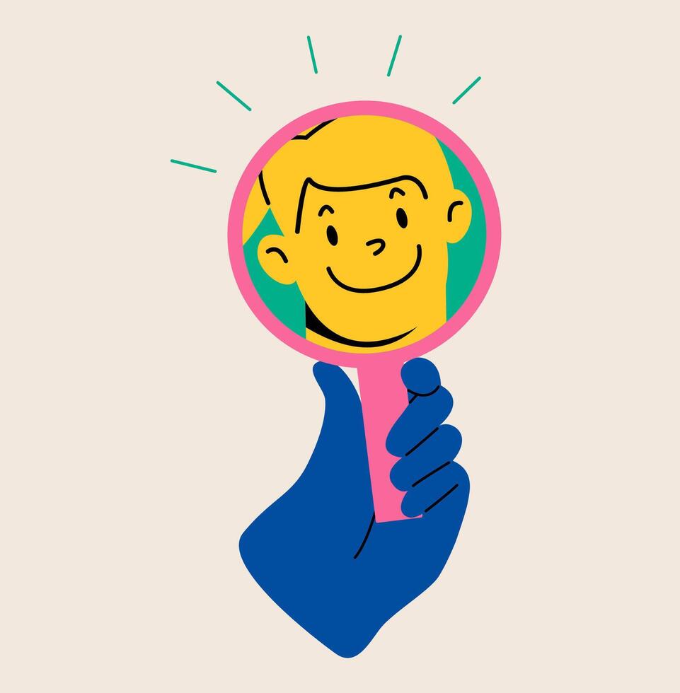 A smiling woman who sees her reflection in a mirror. The concept of love, acceptance and self-confidence. Colorful illustration vector
