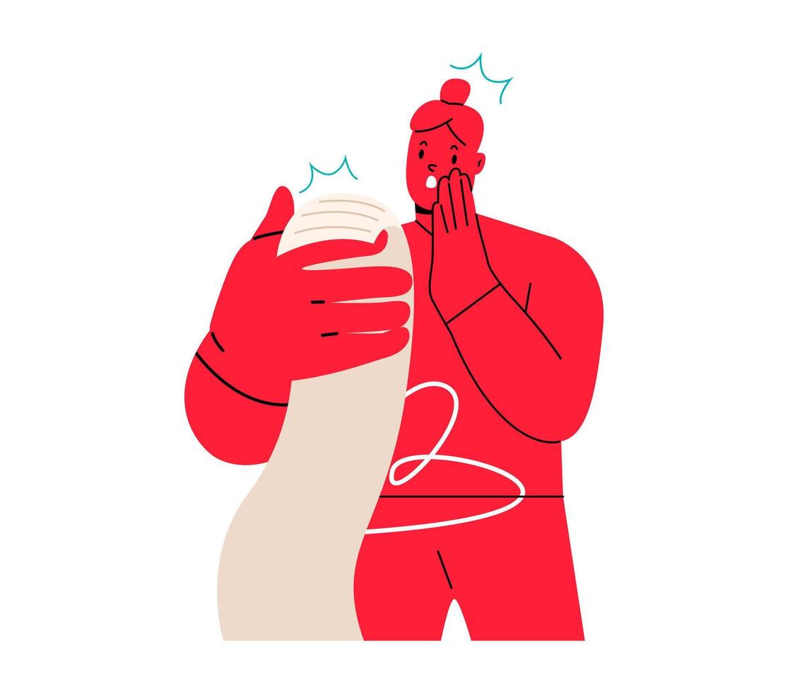 Woman with expired bill in hands. Big expenses and financial problem concept. Colorful illustration vector