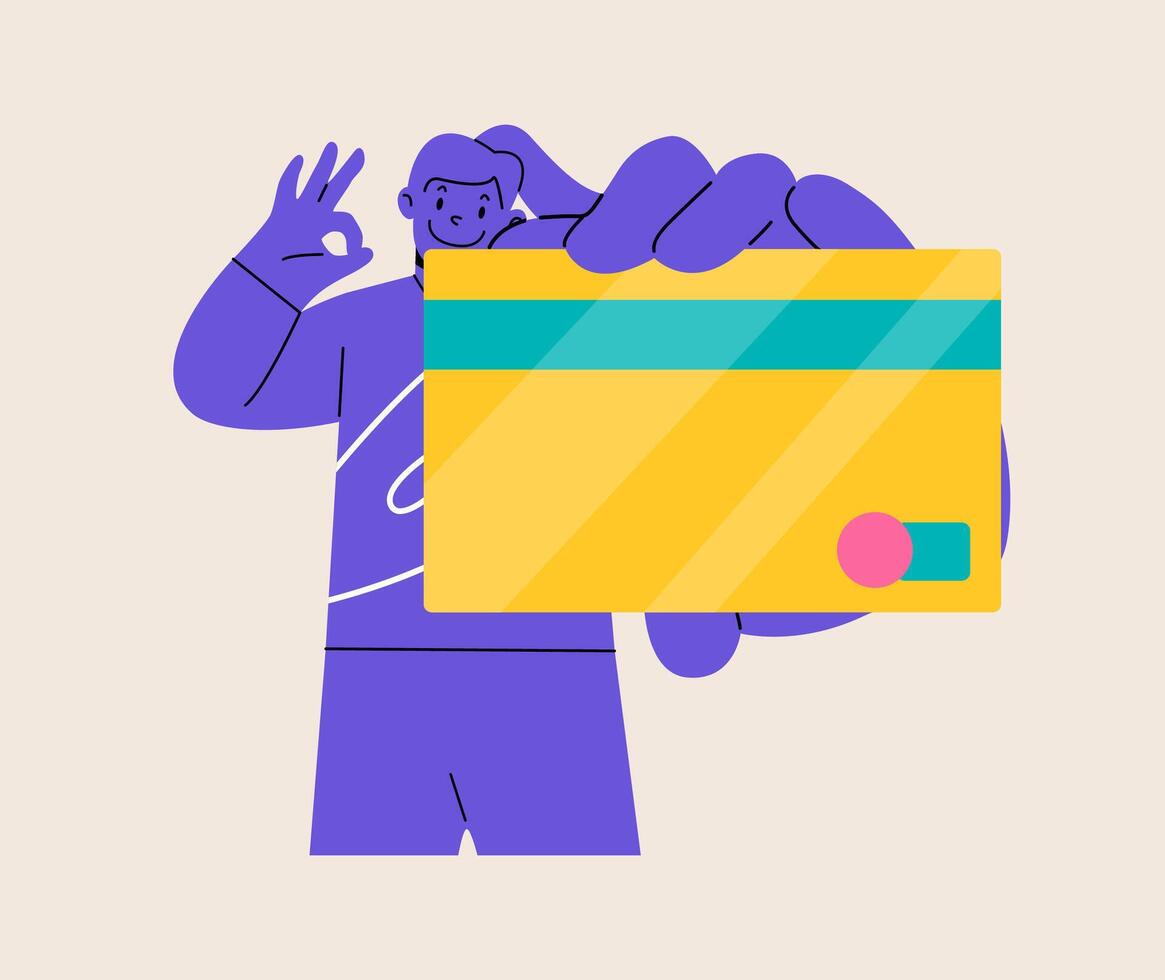 Woman hold plastic credit or debit card. Colorful illustration vector