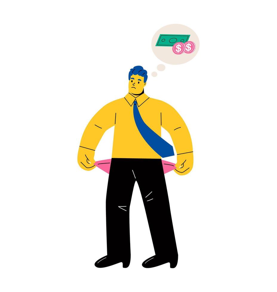 Unhappy business man show empty pockets. Bankruptcy concept. Flat illustration isolated on white background vector