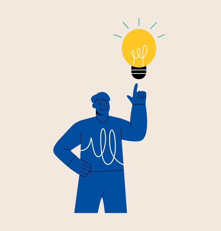 Man with lightbulb and finger pointing up. The concept of idea, brainstorm. Colorful illustration vector