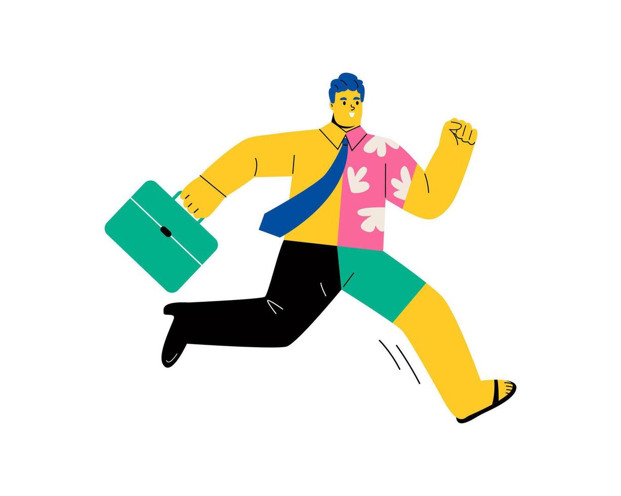 Business man running out from office to the sea beach. Vacation concept. Flat illustration isolated on white background vector