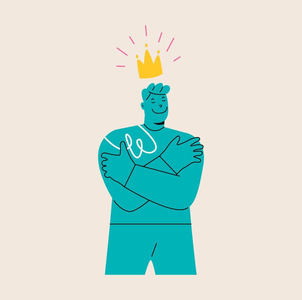 Egoist man loves himself very much and hugs himself. Self-love and narcissism concept. Psychological problem. Colorful illustration vector