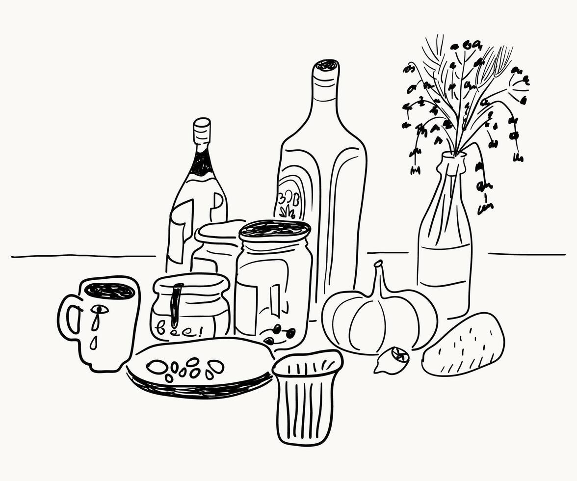 linear bottles and jars in hand drawn style vector