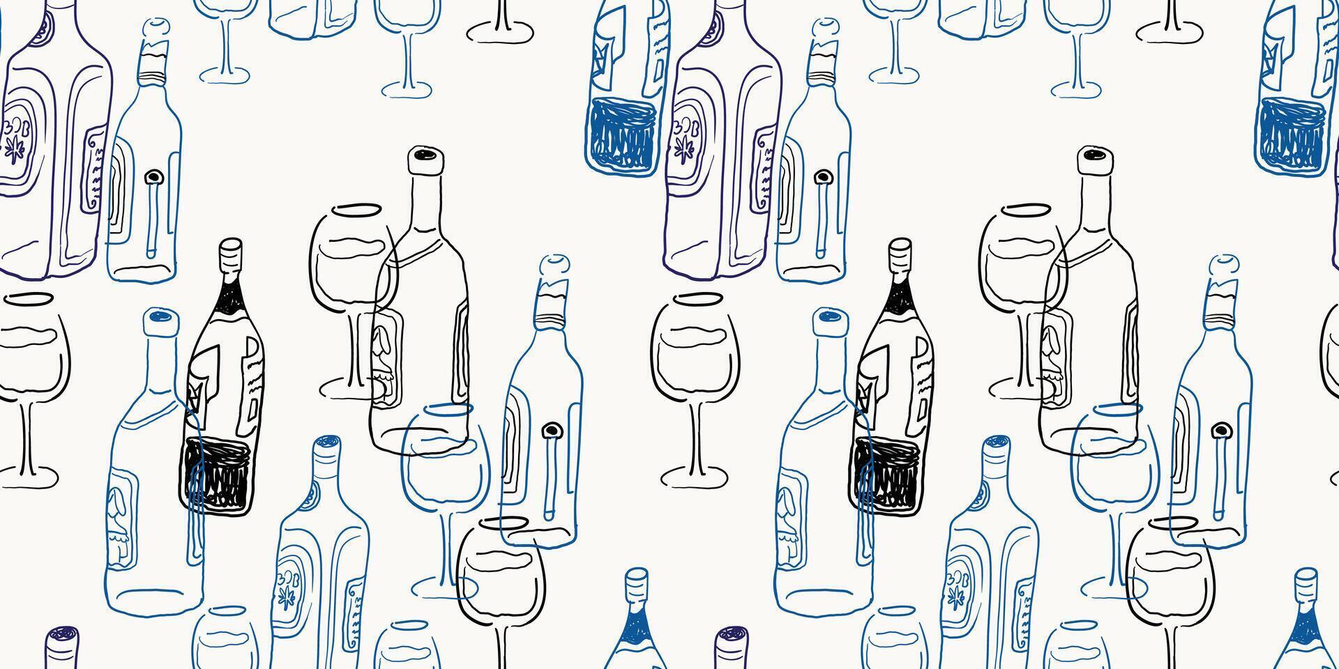 seamless pattern with bottles and glass in hand drawn style vector