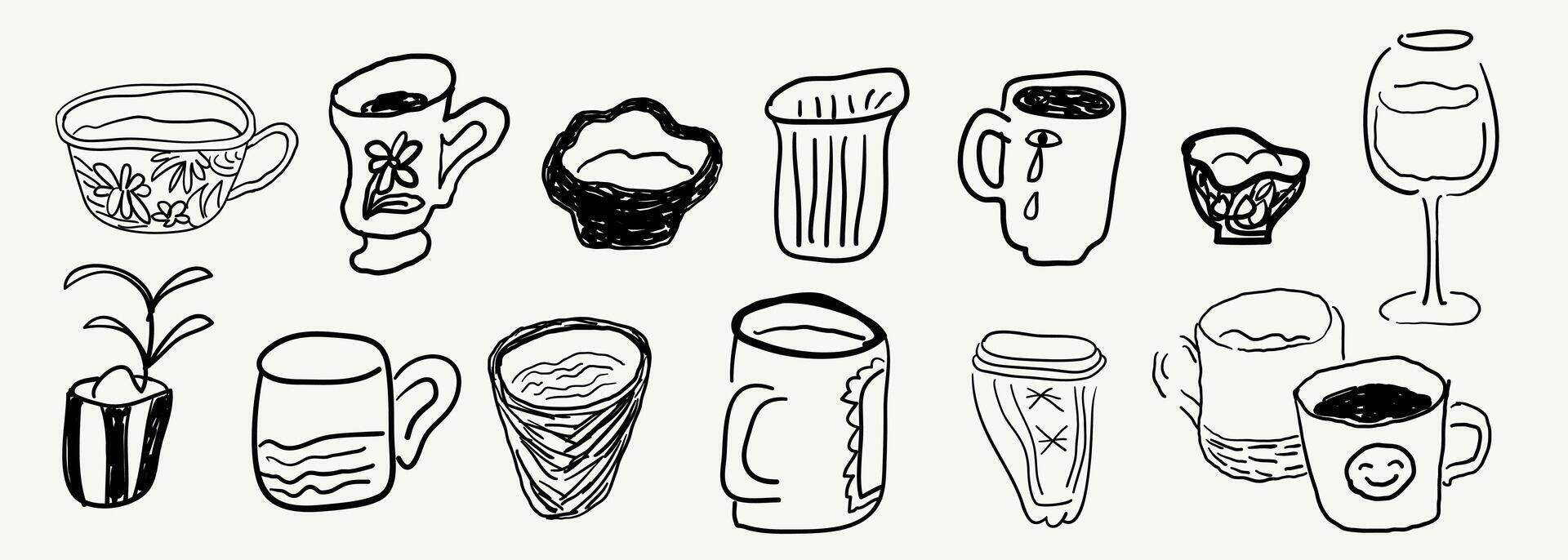 cups set in hand drawn style vector