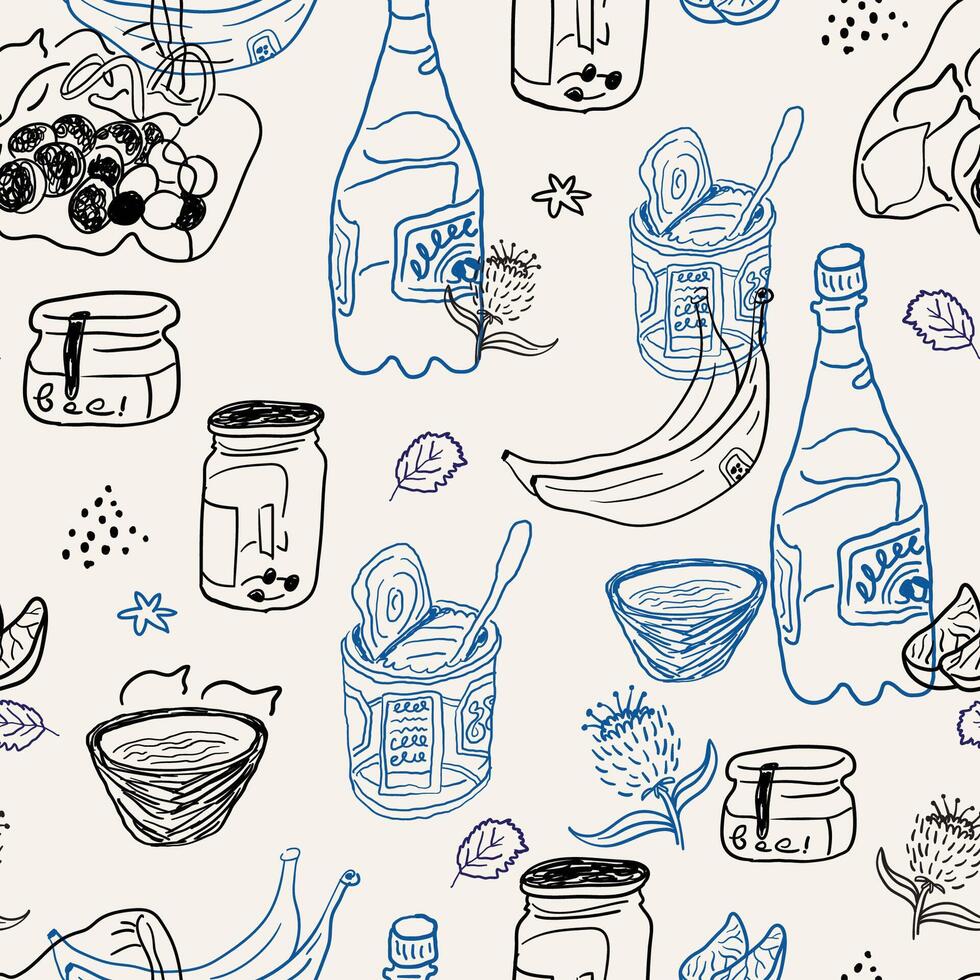 seamless pattern with banana and jars in hand drawn style vector